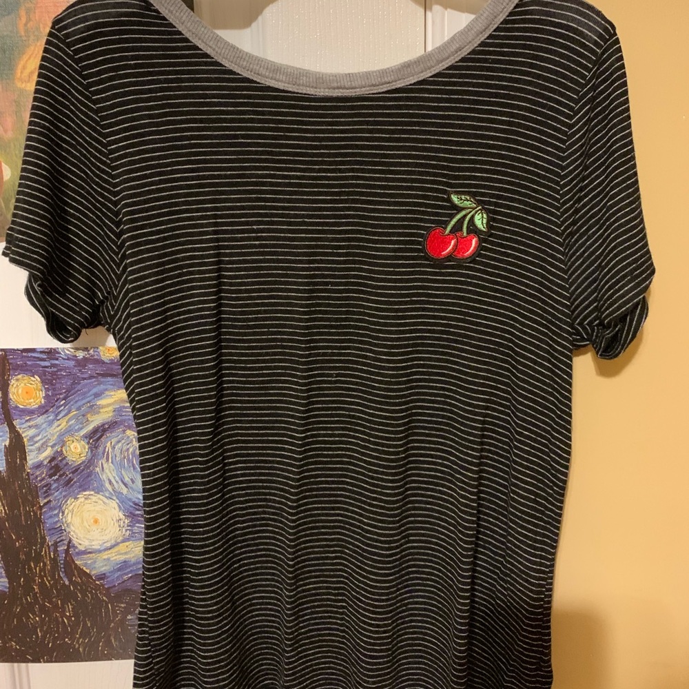 Black and white striped tee shirt with cherry